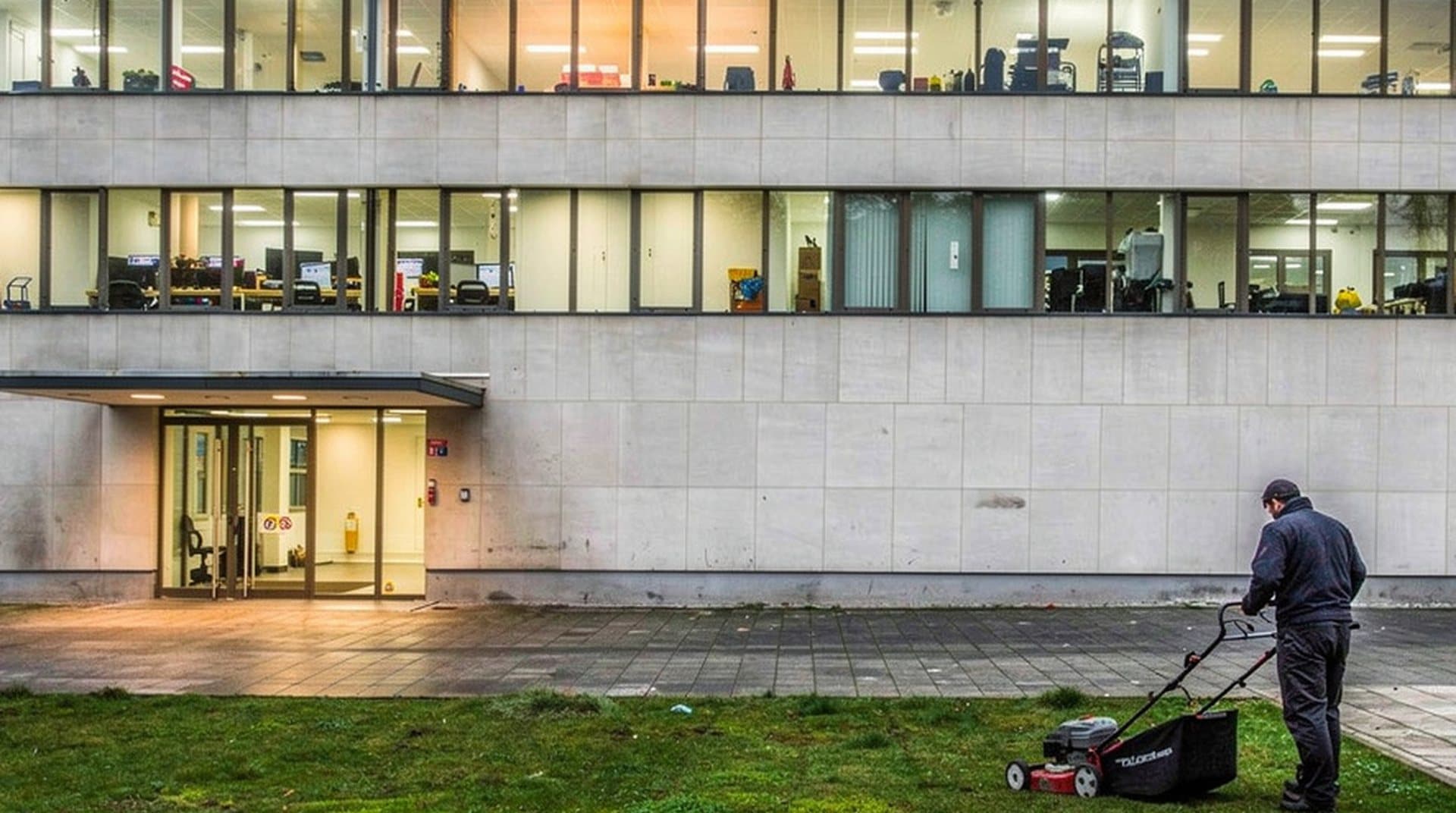 Eingangsbereich einer verwalteten Liegenschaft, davor mäht ein Mitarbeiter den Rasen